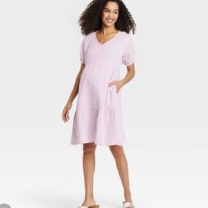 isabel maternity short sleeve tiered guaze materity dress with pockets